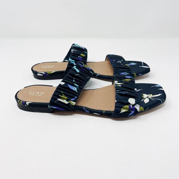 Lewit Size 36.5 Navy Blue Elena Floral Square Toe Sandals Satin Slide Ruched 6.5 - Picture 2 of 13